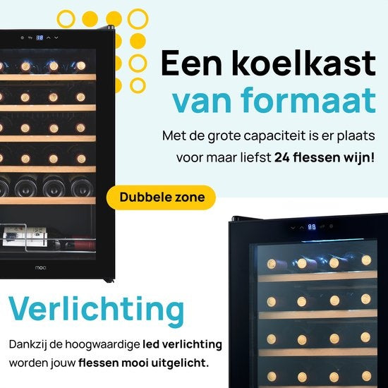 MOA Wijnkoelkast – Met Houten Planken & Touchscreen – 63 liter – 43 x 45 x 78 cm – Zwart