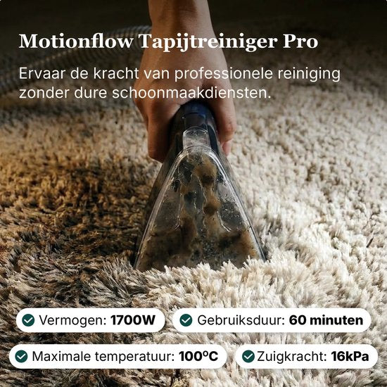 Motionflow Tapijtreiniger PRO – Professionele Dieptereiniging met Stoomfunctie tot 100°C – Krachtige 1700W Vlekkenreiniger - Stoomreiniging voor Vloer, Bank, Badkamer en Tapijt - Stoomreiniger & Zetelreiniger - Carpet Cleaner incl. Schoonmaakmiddel
