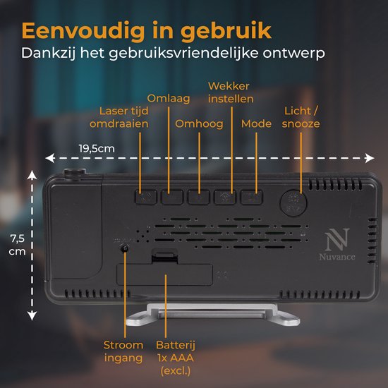 Nuvance Digitale Wekker met Projectie - Digitale Klok Slaapkamer - Snooze Functie - Wekkers Digitaal - Alarmklok