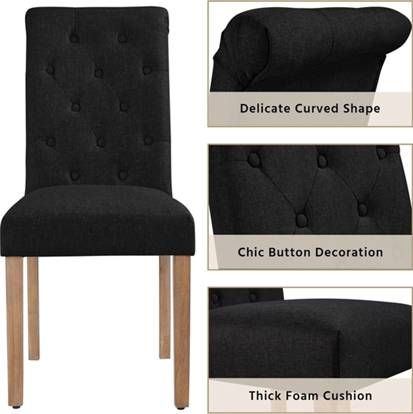 Yaheetech Eetkamerstoel Met Hoge Rugleuning 2 Stuks – Voorzien Van Gecapitonneerde Rug En Massief Eikenhouten Poten En Verstelbare Beschermpoten – Voor Keuken En Restaurant – Zwart Polyester En Eikenhout – 45,5 x 62 x 98,5 cm
