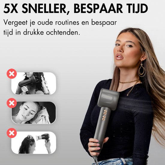 Sansbeauté® Föhn met Diffuser - Krullen - 110.000RPM - Ionische Haardroger met Borstel - 4 Opzetstukken – Reisföhn - Krul Feun Set - Sèche Cheveux - Haarföhn met Defuser - Hair Blow Dryer - 1600W