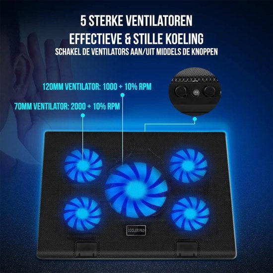 Strex Laptop Cooler - 12" - 17 Inch - Verstelbaar - 5 Ventilators - Laptop Koeler - Cooling Pad