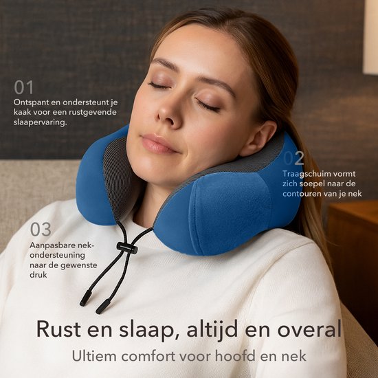 SC Travel Essentials - Nekkussen Set 3-delig - Ergonomisch Memory Foam Reiskussen met Oogmasker en Oordoppen - Ideaal voor Vliegtuig, Auto en Trein - Compact en Luxe - Navy