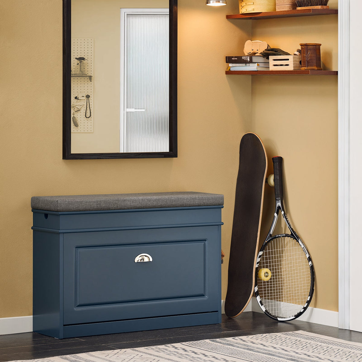 SoBuy schoenenbank FSR82-L-B met kussen, lade en haak - Blauw - 75 × 24 × 52 cm
