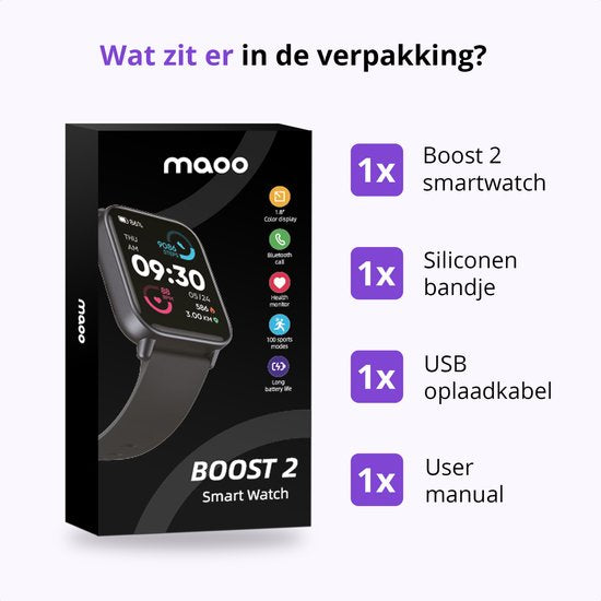 Maoo Boost 2 Smartwatch Dames & Heren – Volledige Belfunctie, WhatsApp & App-Notificaties – Hartslag, SpO₂, Slaapmonitor – Stappenteller, Calorieënteller – Multisport – IP68 Waterdicht – Android & iOS – Zwart