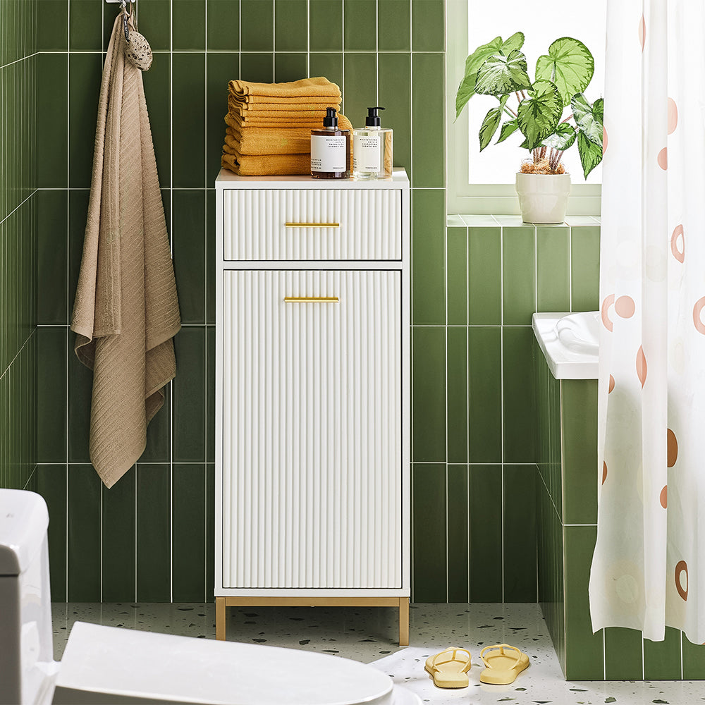 SoBuy Badkamerkast – Incl. Lade & Uitneembare Wasmand – max. 24 kg – 40 x 40 x 95 cm – Wit