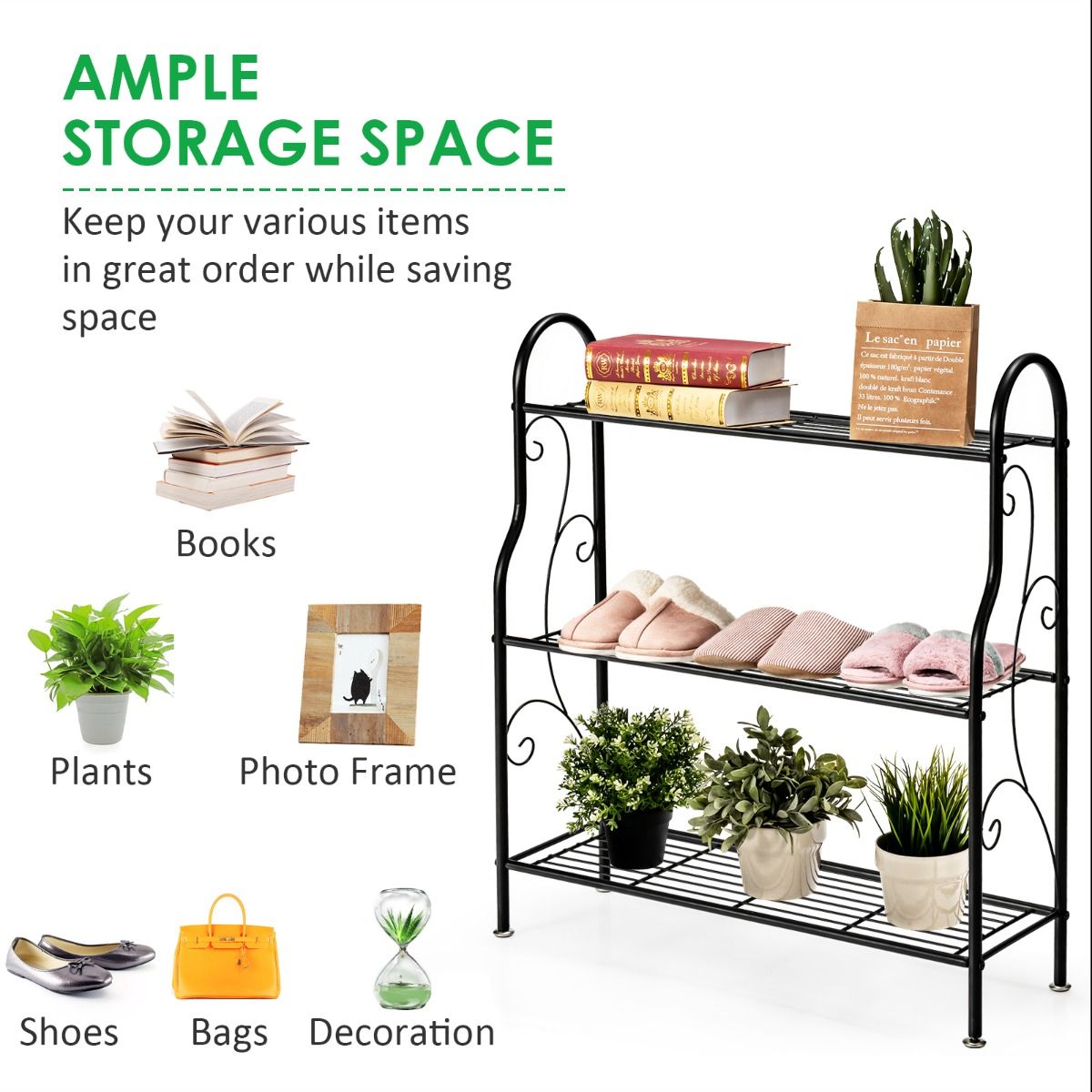 Coast Metalen Plantenstandaard - 3 niveaus - Multifunctionele opbergplank - Zwart 72 x 25 x 85 cm