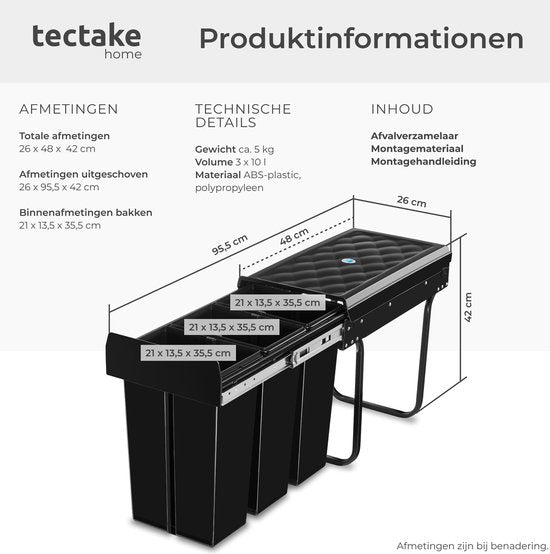tectake® Afvalverzamelaar - Inbouw vuilnisbak - Meervoudige afvalscheiding - Efficiënte opruimoplossing voor keuken en kantoor - Driedubbele prullenbak met telescooprails - 3x 10L