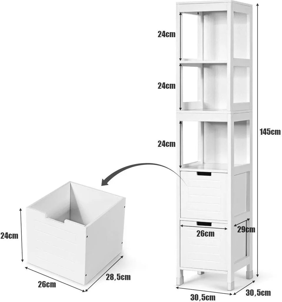 Coast badkamer hoge kast badkamer kast badkamer kast met 2 laden houten wit 30 x 30 x 144,5 cm