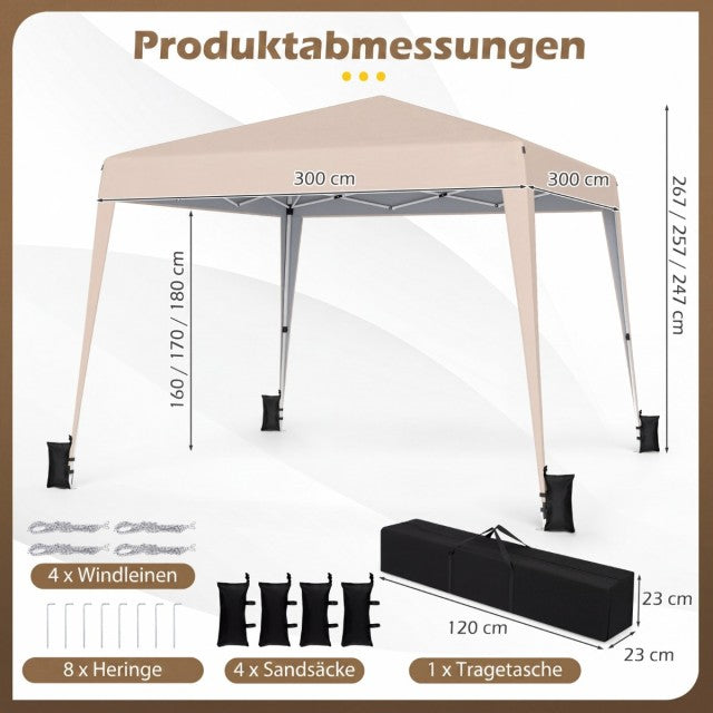 Coast Opvouwbaar Tuinpaviljoen 3x3 m - Waterdicht en In Hoogte Verstelbaar - 247-267 x 300 x 300 cm - Beige