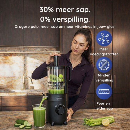 Safecourt Kitchen Slow Juicer - krachtige motor [Pre-cutter & Cold-press technologie] - eenvoudige reiniging - BPA-vrij - sapcentrifuge Zwart