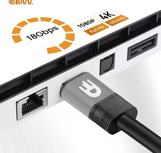 Drivv. Premium HDMI Kabel 2.0 - Ultra HD 4K 60Hz - HDMI naar HDMI - Geschikt voor gameconsoles - 10 meter - PVC - Grijs