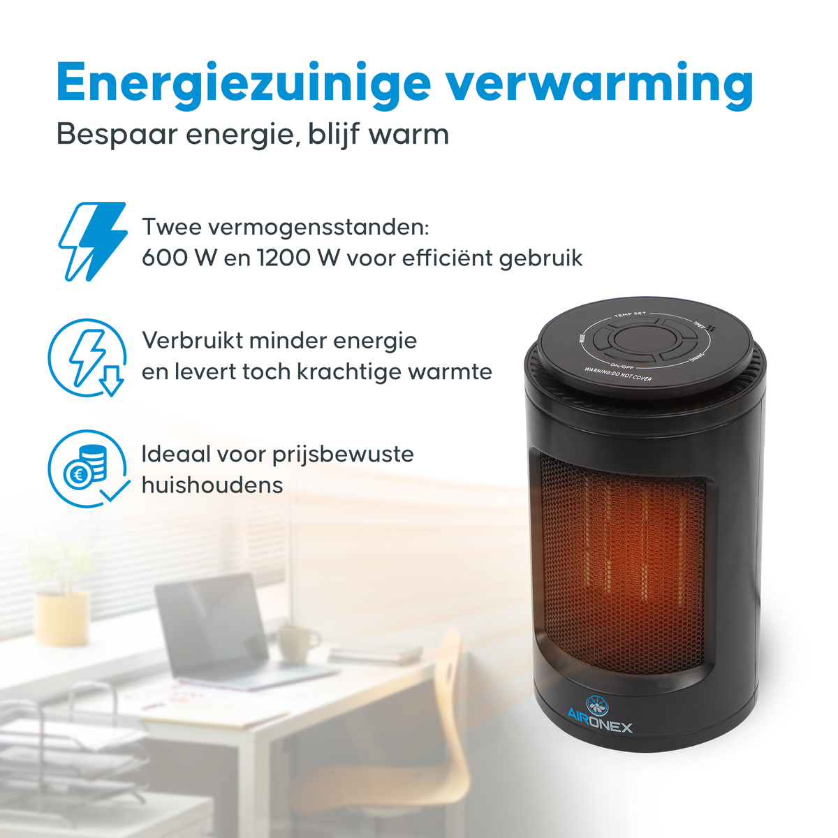 Aironex - Keramische Kachel - Model K1000 - 1200 W - Met Afstandsbediening & LCD-display - Omvalbeveiliging & Draaibaar - Kunststof - Zwart