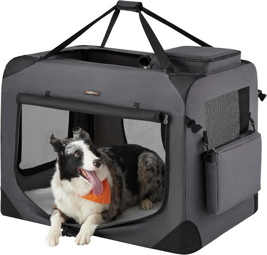 Feandrea Opvouwbare Reistas voor Huisdieren PDC90G01 – Grote Soft Travel Crate voor honden en katten, 91 × 63 × 63 cm – Grijs – Ademend met netvensters en opbergvakken