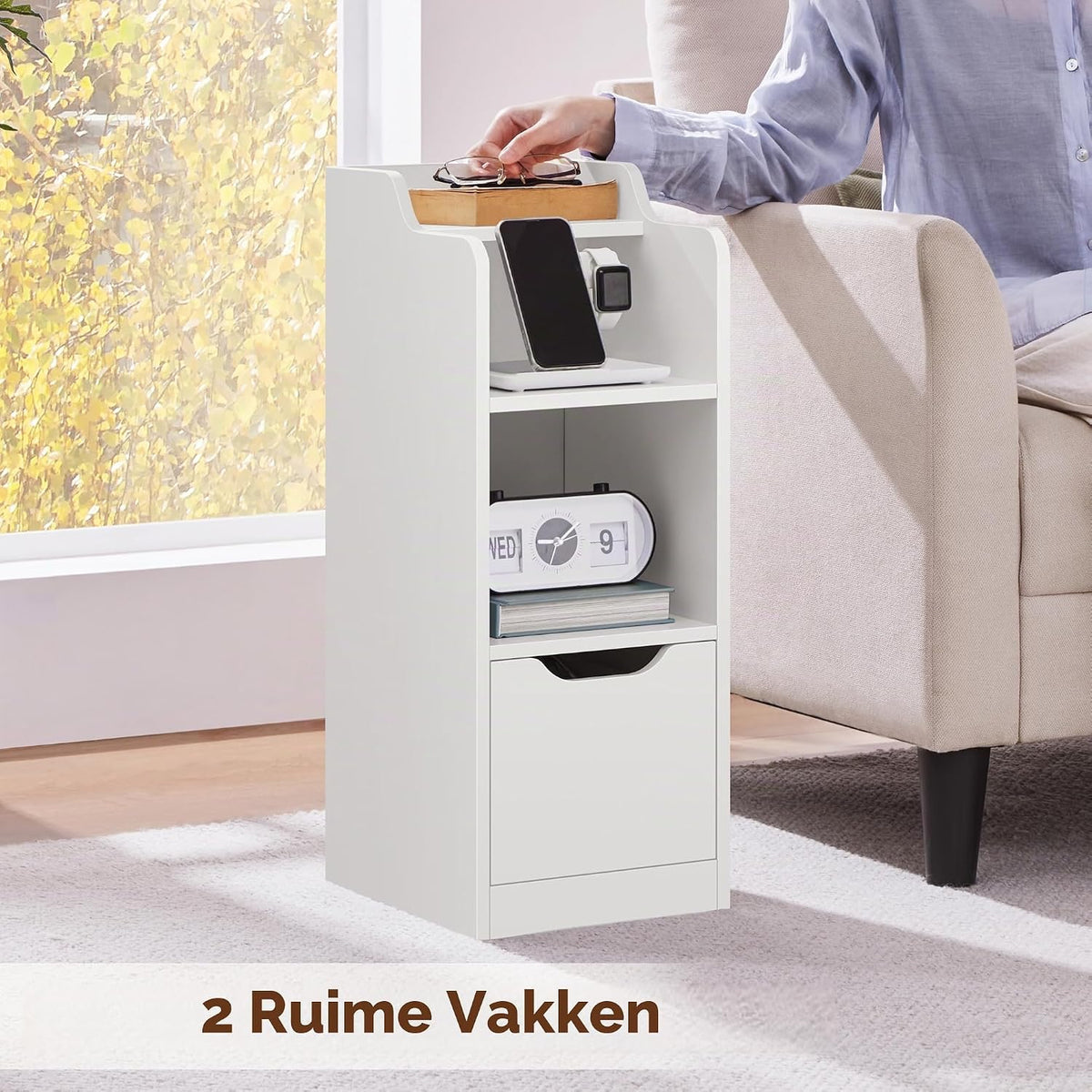 Yaheetech Smalle Nachtkastje 30x25x65 cm met Lade - 2 Vakken - Wit