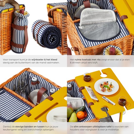 tectake® complete Picknickmand Set Texel - Luxe 24-delige Picknick set voor 2 personen - Rieten Picknick Mand met Picknickkleed - Inclusief Koelvak, Set met Borden, Kunststof Wijnglazen en Roestvrijstalen Bestek