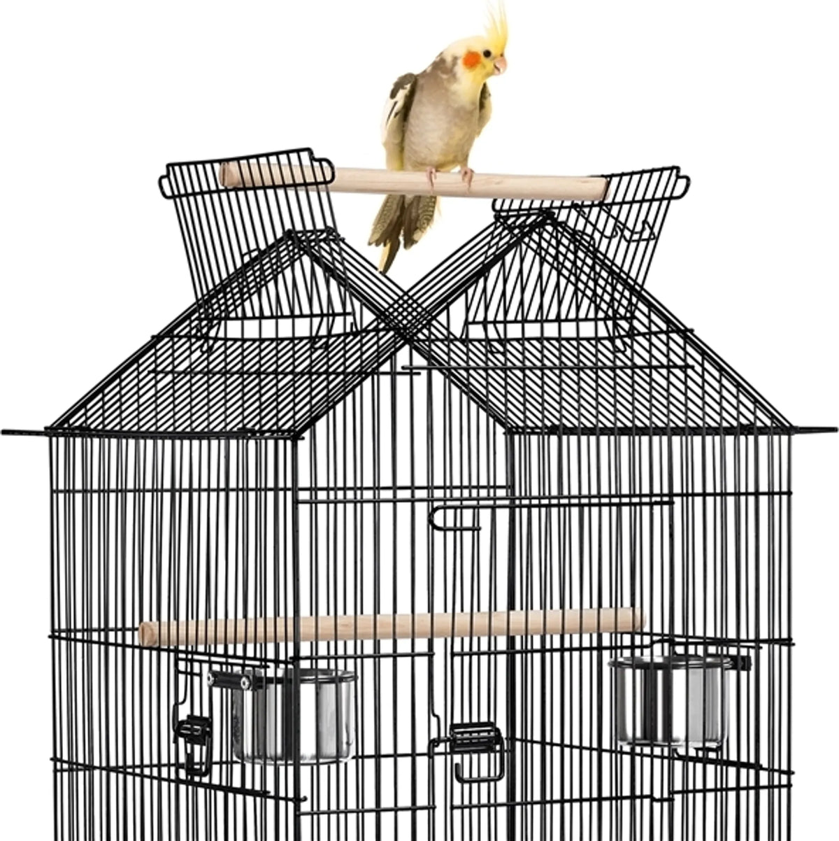 Yaheetech Vogelkooi XXL Met Verrijdbaar Onderstel – 59,5 x 59,5 x 145 cm – Voorzien Van Opening In Dak En Uitneembare Bodemplaat En Opbergplank – Voor Parkieten En Kanaries – Zwart Metaal En Hout