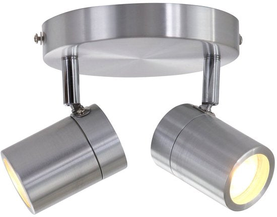 Staalkleurige 2-lichts spot Upround 2487ST - Draaibaar en kantelbaar - Modern design - Inclusief lichtbronnen - Mexlite - Geschikt voor binnen gebruik, IP44, max. diepte 15 cm