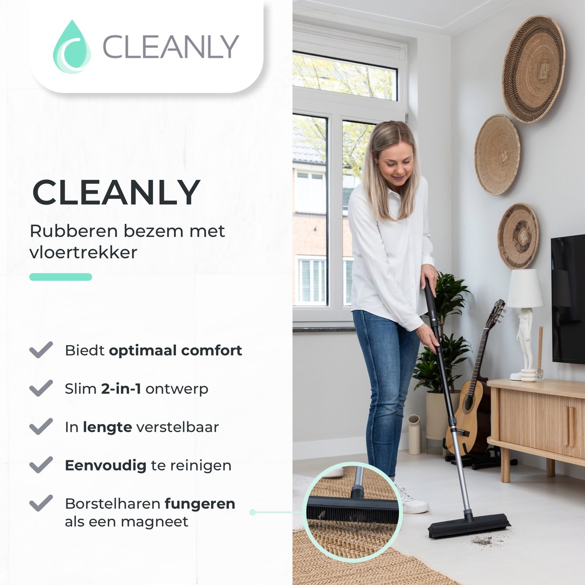 CLEANLY Rubberen Bezem met Vloertrekker 34 cm – Kappersbezem Binnen en Buiten – Verstelbare Steel 114-142 cm – Zwart/Grijs