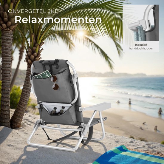 tectake® Strandstoel Coral - Opvouwbare Campingstoel met Koeltas en Opbergtas - 5-voudig Verstelbare Rugleuning met Hoofdkussen - Brede Armleuningen met Bekerhouder / Telefoonhouder - Inklapbare Kampeerstoel - Grijs