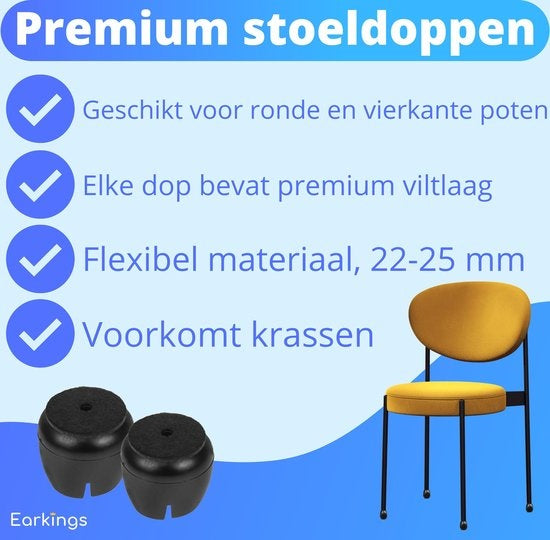 Stoelpoot Beschermers Vloerbeschermer Ø22-25 mm - Stoelpootdoppen Meubeldoppen 24 stuks - Ronde & Vierkante Stoeldoppen Vloerbeschermer Stoelen - Earkings Zwart