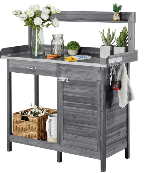 Yaheetech Oppottafel Tuintafel – 101 x 46,5 x 125 cm – Gegalvaniseerd Metalen Werkblad - 3 Zijhaken - Verwijderbare Zijpanelen – Grijs Vurenhout - Metaal