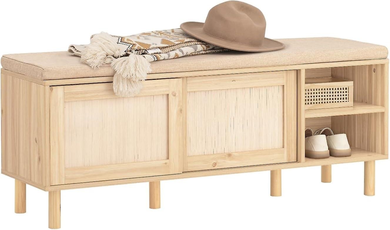 SoBuy Schoenenkast met zitkussen - 2 Schuifdeuren - Landelijk - 1212 x 35 x 49 cm - Bruin