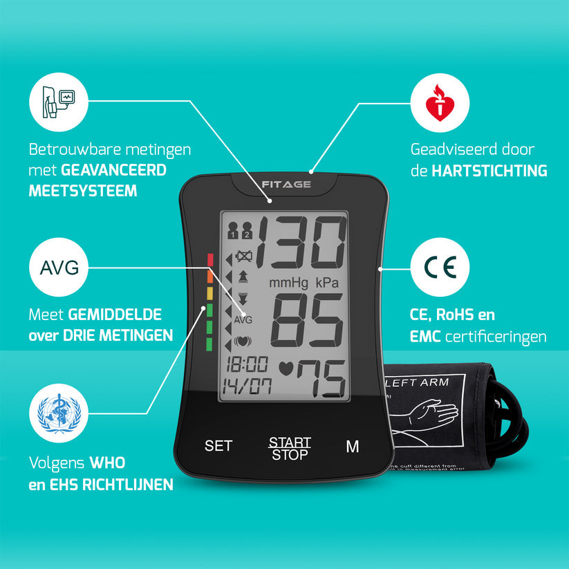 Fitage Bovenarm bloeddrukmeter - Nederlandse voorleesfunctie - Manchet 22–42 cm - Zwart