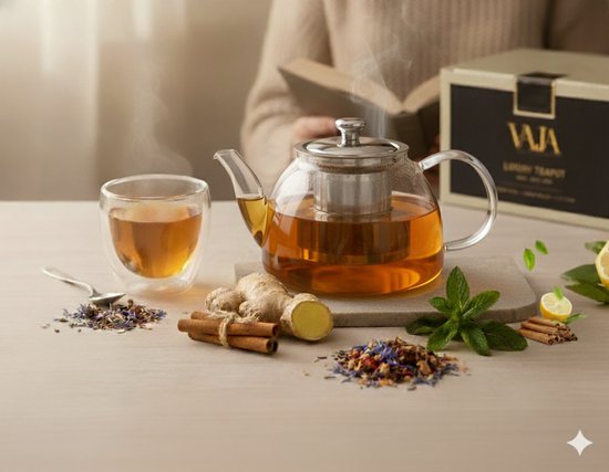 Vaja® Glazen Theepot Fay met RVS Filter - 1 Liter - Thee Infuser - Voor Losse Thee / Theebloemen - Kerst Cadeau - Borosilicaat Glas Anti-druppel tuit