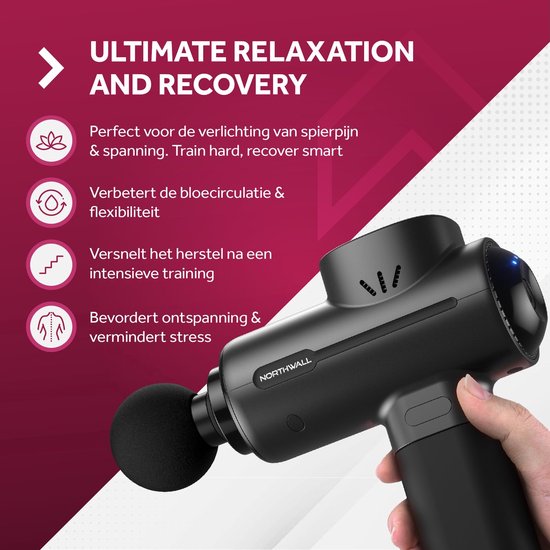 Northwall Massage Gun Professioneel PRO - Massage Pistool Inclusief Koffer en 6 Opzetstukken incl. Eikenhouten Massagekop - Krachtig en Draadloos Sport en Relax Massage Apparaat