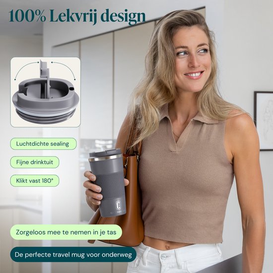 Castagnola Thermosbeker - Koffiebeker To Go - Travel Mug voor Koffie en Thee - Theebeker - 510 ML - RVS - Grijs