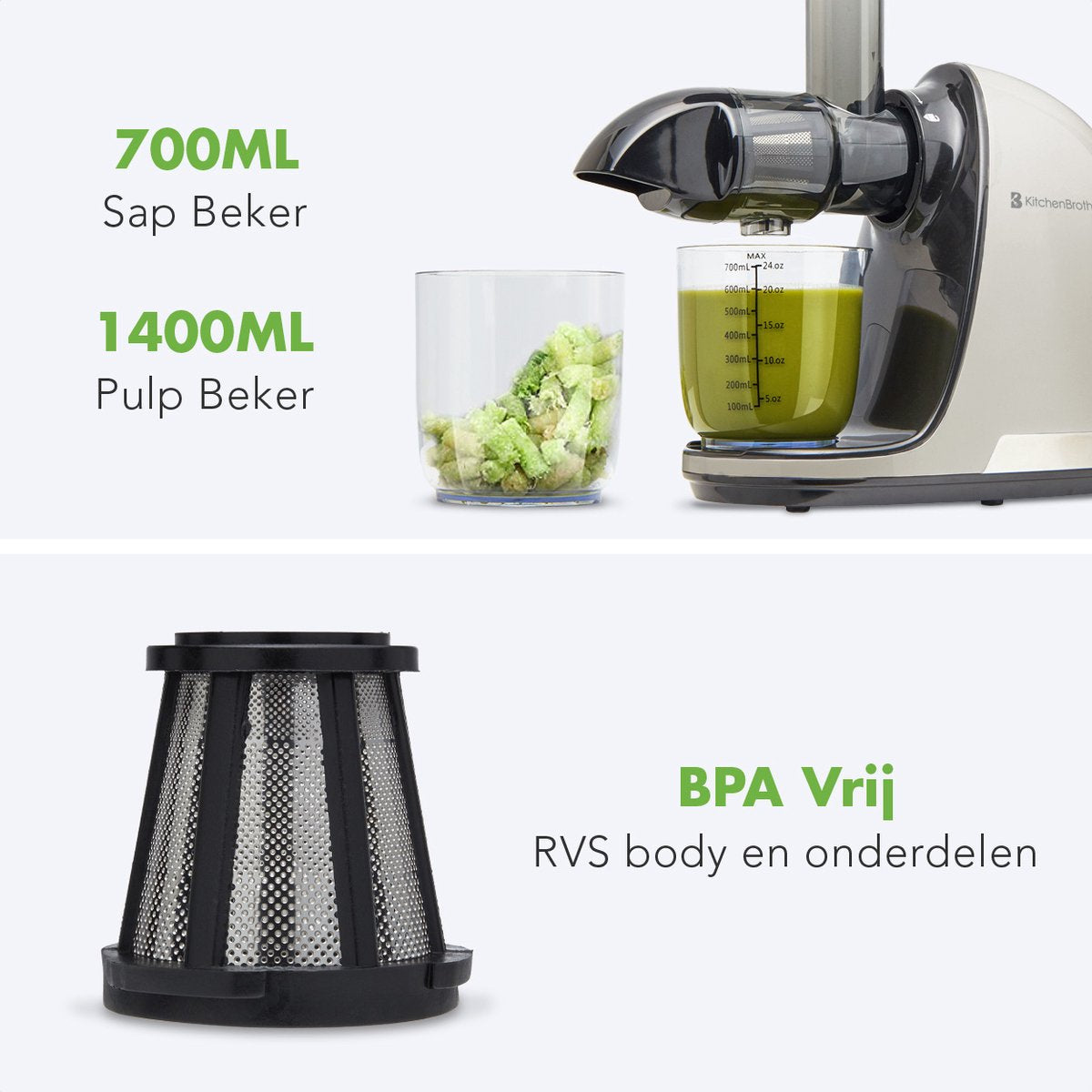 KitchenBrothers Slowjuicer met Pulpreservoir - 700ml - Champagne