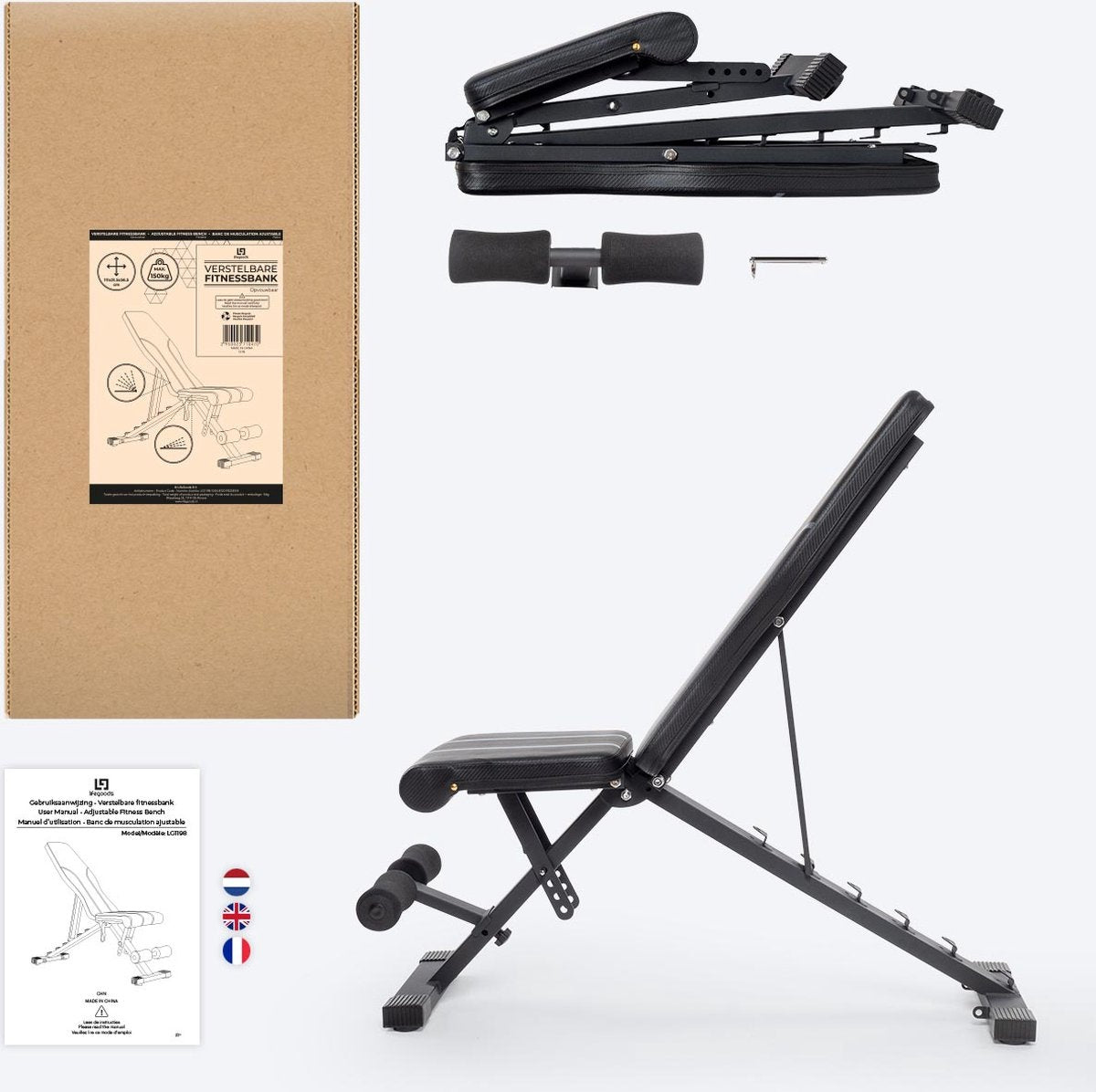 LifeGoods Fitness Halterbank - Fitnessbank - Bench Press - Trainingsbank - Verstelbaar - Inklapbaar - Zwart/Grijs