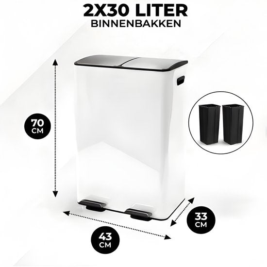 Bayt Prullenbak - Prullenbak 60 Liter (2x30) - Vuilnisbak 60 Liter - Pedaalemmer 60 Liter - Prullenbak Afvalscheiding - Prullenbak 2 Vakken - Afvalbak - RVS - Wit