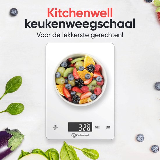 Kitchenwell Digitale Precisie Keukenweegschaal – Weegschaal Keuken - 1gr - 15kg – Tarra Functie - USB Oplaadbaar - Wit