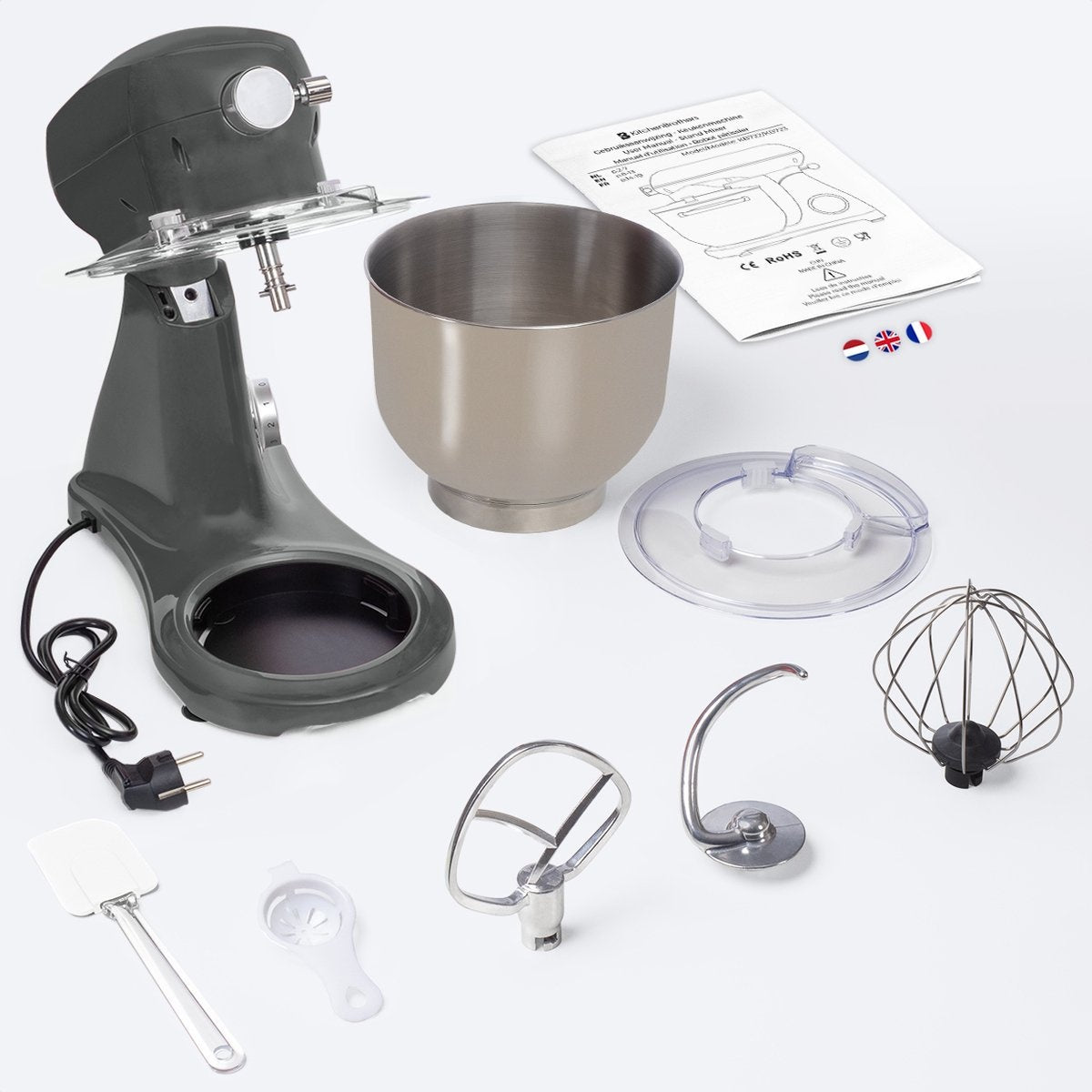 KitchenBrothers Keukenmachine - Keukenrobot - 6L Mengkom - 1800W - Aluminium - Antraciet