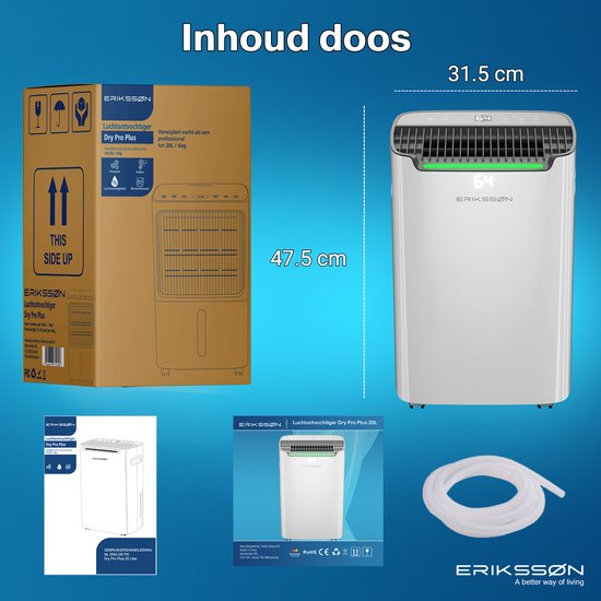 Erikssøn Luchtontvochtiger Dry Pro Plus - Ontvochtigt Tot 20 Liter Per Dag - Was-droog Functie - Geschikt Voor Huis, Slaapkamer , Badkamer , Woonkamer En Kelder - Dehumidifier - Vochtvreters Voor In Huis - Wit