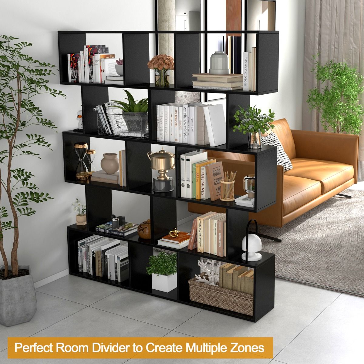 Coast Boekenkast S-vorm - 5 niveaus - anti-kantel opbergmeubel - zwart - 70 x 23,5 x 158 cm