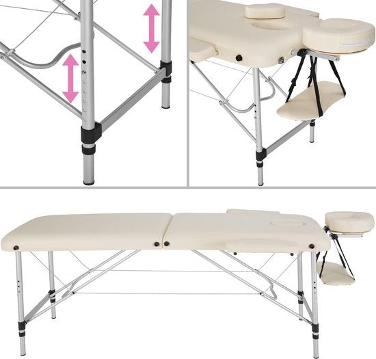 tectake® - aluminium massagetafel 2 zones, massagetafel 4cm matras, opvouwbare massagetafel, in hoogte verstelbare aluminium massagetafel, draagbare massagetafel inclusief accessoires, aluminium hoofdsteun, armleuning en draagtas - beige