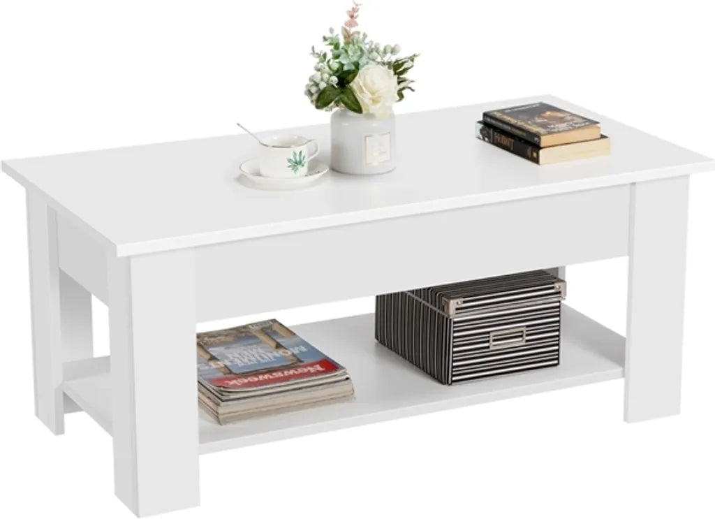 Yaheetech Salontafel met Verstelbaar Tafelblad 98 x 50 x 41,8 cm - Wit - Uitschuifbare Lift-up Salontafel met Opbergruimte