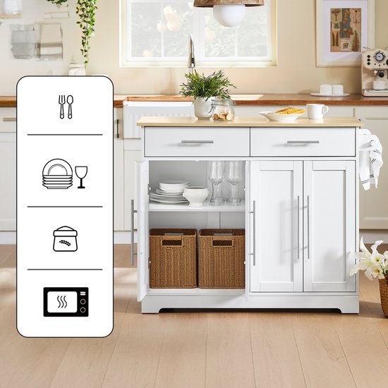 SoBuy FKW129-WN Keukentrolley op Wielen – Keukeneiland met Uitschuifbaar Werkblad, 2 Lades en Verstelbare Planken – Mobiele Keukenwagen of Eettafelkast, Wit 113x91x(44-69) cm