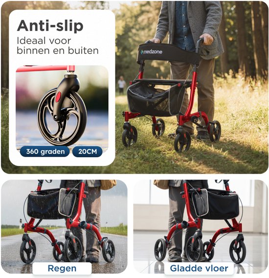 Medzone Rollator Lichtgewicht en Opvouwbaar - Zitfunctie - Binnen en Buiten - Rugleuning en Wandelstok Houder - Champagne - Rood