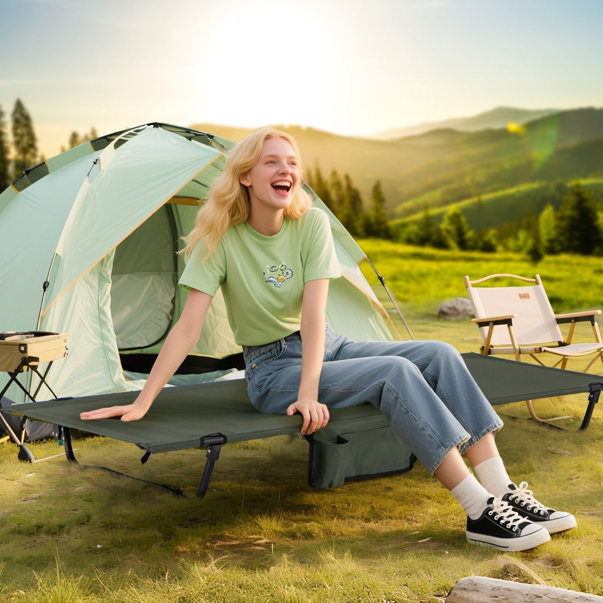 Coast Opvouwbaar Campingbed - ultralicht - met zijvak en kussencompartiment - groen