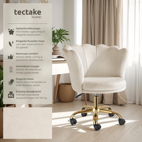 tectake® Bureaustoel - In hoogte verstelbaar draaifauteuil met fluwelen bekleding - Ergonomische schelpvorm - Stoel met wielen - Eetkamerstoel op wieltjes - 360° draaibaar - Bureau Stoel - Wit