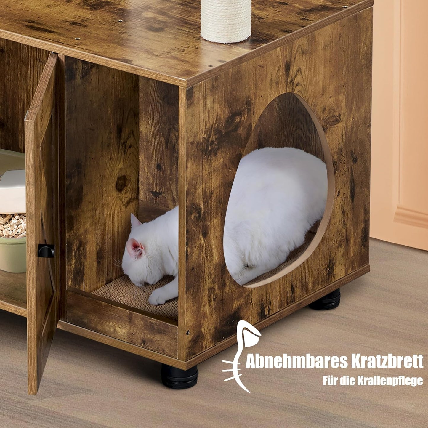 Yaheetech Kattenboom - 134,5 cm Krabpaal met Kattenbak - Holletje en Ligkom - Vintage Bruin-Beige