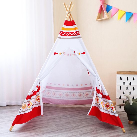 Sunny LED Tipi Tent Rood/wit - 60 LED lampjes - FSC houten palen - 120 x 120 x 160 cm