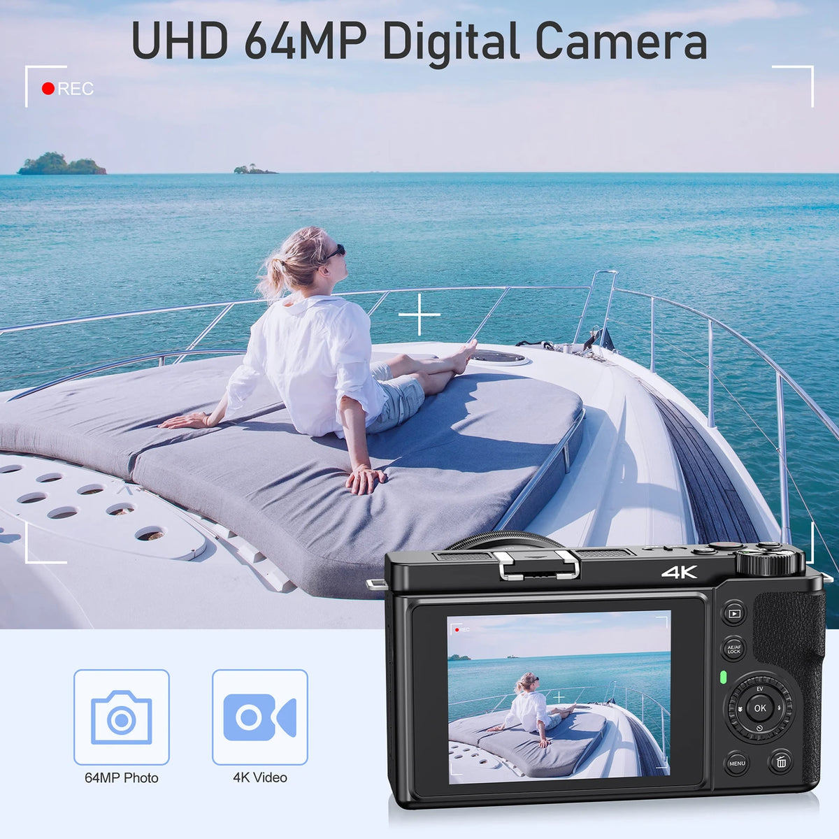 <KOMERY W6 Digitale Camera – 64 MP – 4K Ultra HD – 12x Optische Zoom – Wifi – Autofocus – Zwart