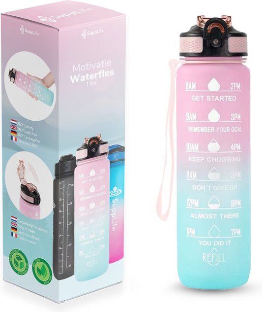 Supplife Bidon - 1 Liter - met Rietje - Motivatie - Sportbidon - BPA Vrij - Pink Aqua