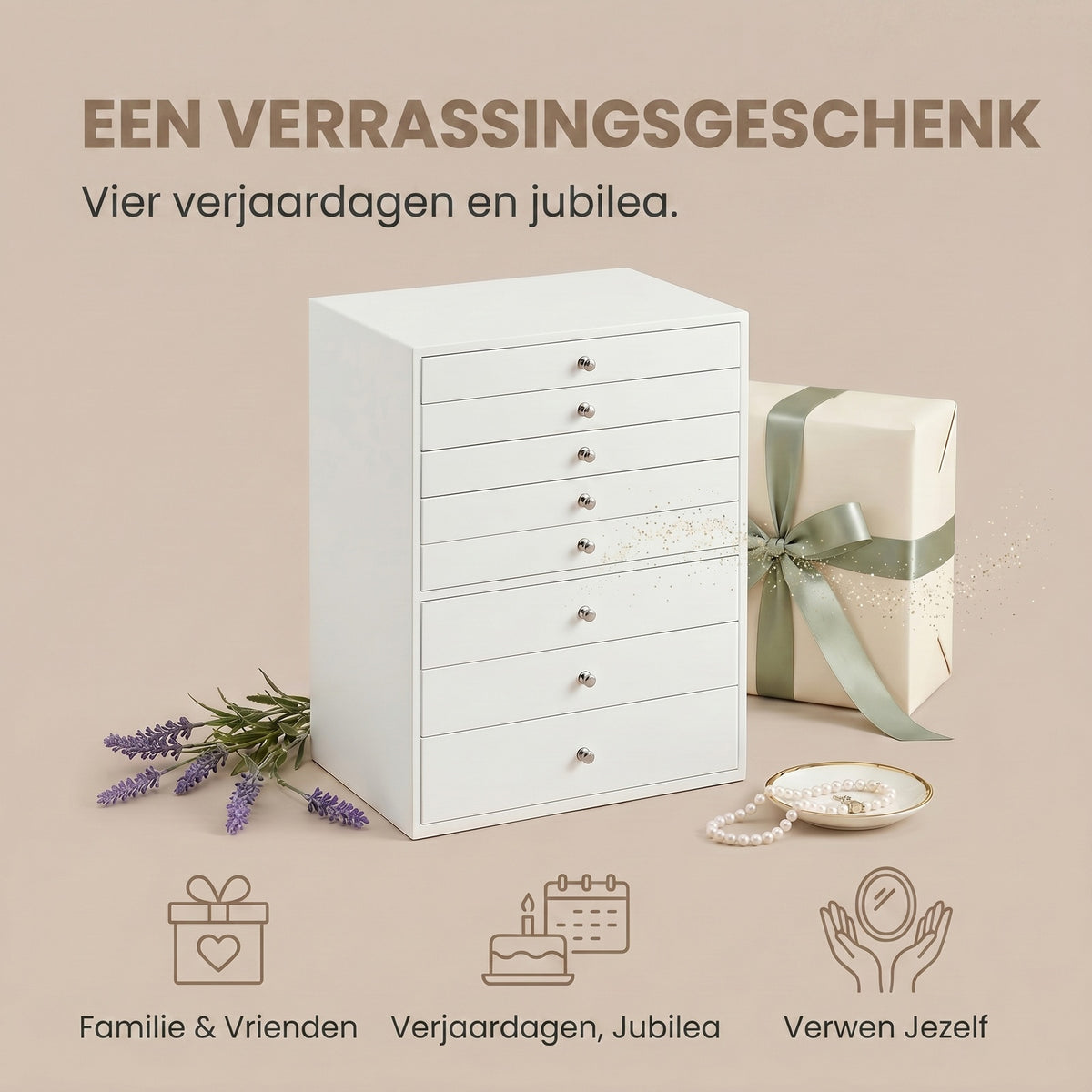 JOYFURNOS Sieradendienblad met Lades, 8-Laags Opbergdoos, Grote Capaciteit, Moderne Cadeau-idee, voor Slaapkamer, Wit
