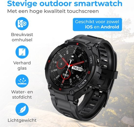 Nuvance - Outdoor Smartwatch - IP67 Waterdicht - Bluetooth Smartwatch voor Dames en Heren - Smartwatches - Sporthorloge met Stappenteller, Calorie Teller, Slaap meter - Geschikt voor alle Smartphones